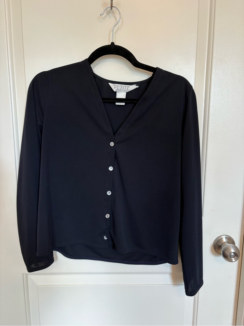 Petite Sophisticate Black Button-Front V-Neck Blouse